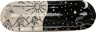 Soporte de incienso artesanal de madera con forma de barco, individual - Día y noche (escena blanca y negra)