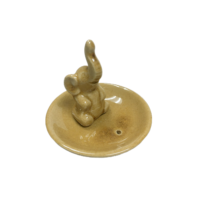 Quemador de aceite de cerámica para vela de té - Elefante sobre plato circular - Marrón