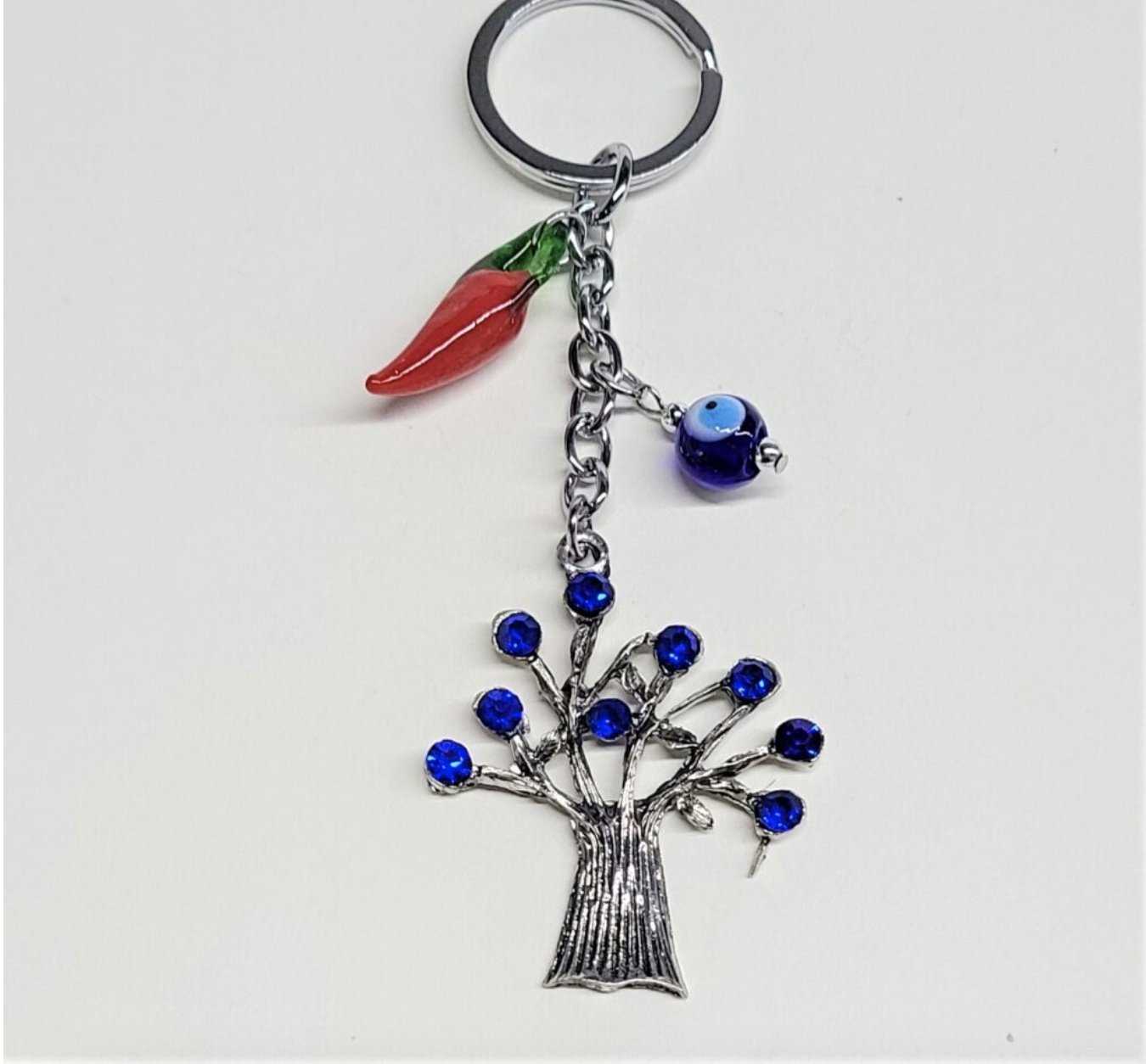 Llavero de Árbol de la Vida con Ojo Turco y Chile Rojo