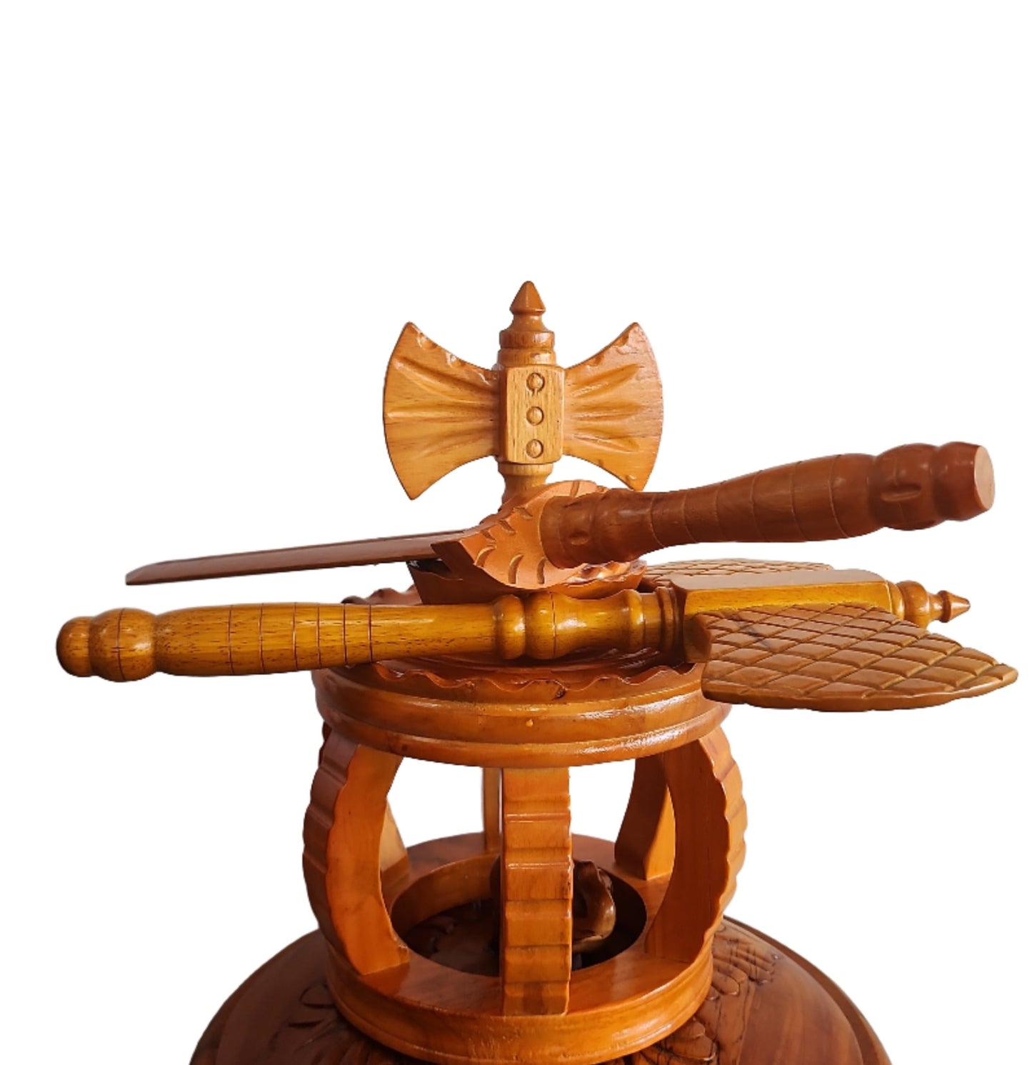 WOODEN CROWN WITH AXE AND SWORD