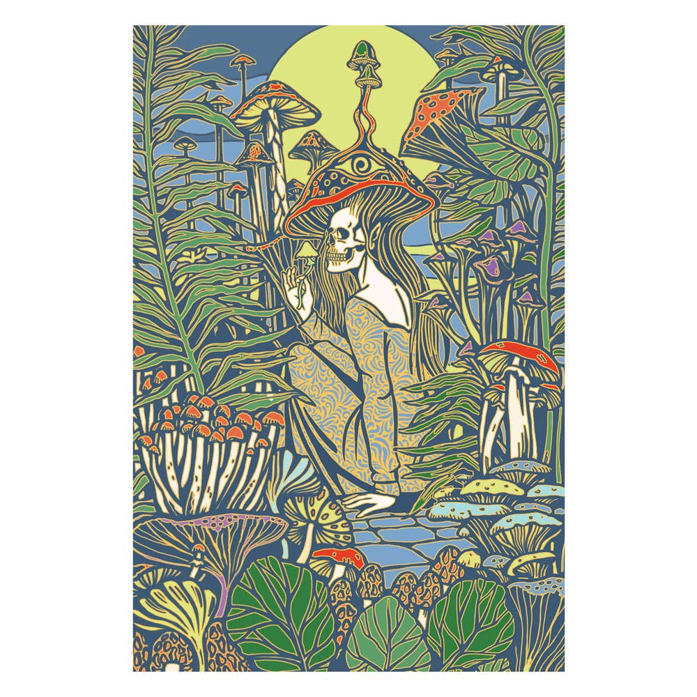 Tapiz 3D Sueño de Amor (Esqueleto Femenino en Bosque de Hongos con Sol)