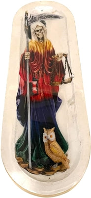 Inciensero de madera hecho a mano con forma de bote, individual - Santa Muerte Arcoíris Blanco