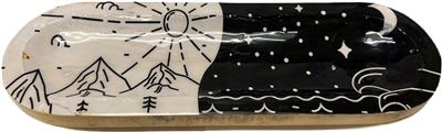 Soporte de incienso artesanal de madera con forma de barco, individual - Día y noche (escena blanca y negra)