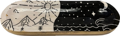Soporte de incienso artesanal de madera con forma de barco, individual - Día y noche (escena blanca y negra)