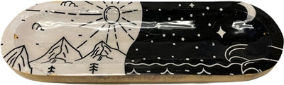 Soporte de incienso artesanal de madera con forma de barco, individual - Día y noche (escena blanca y negra)