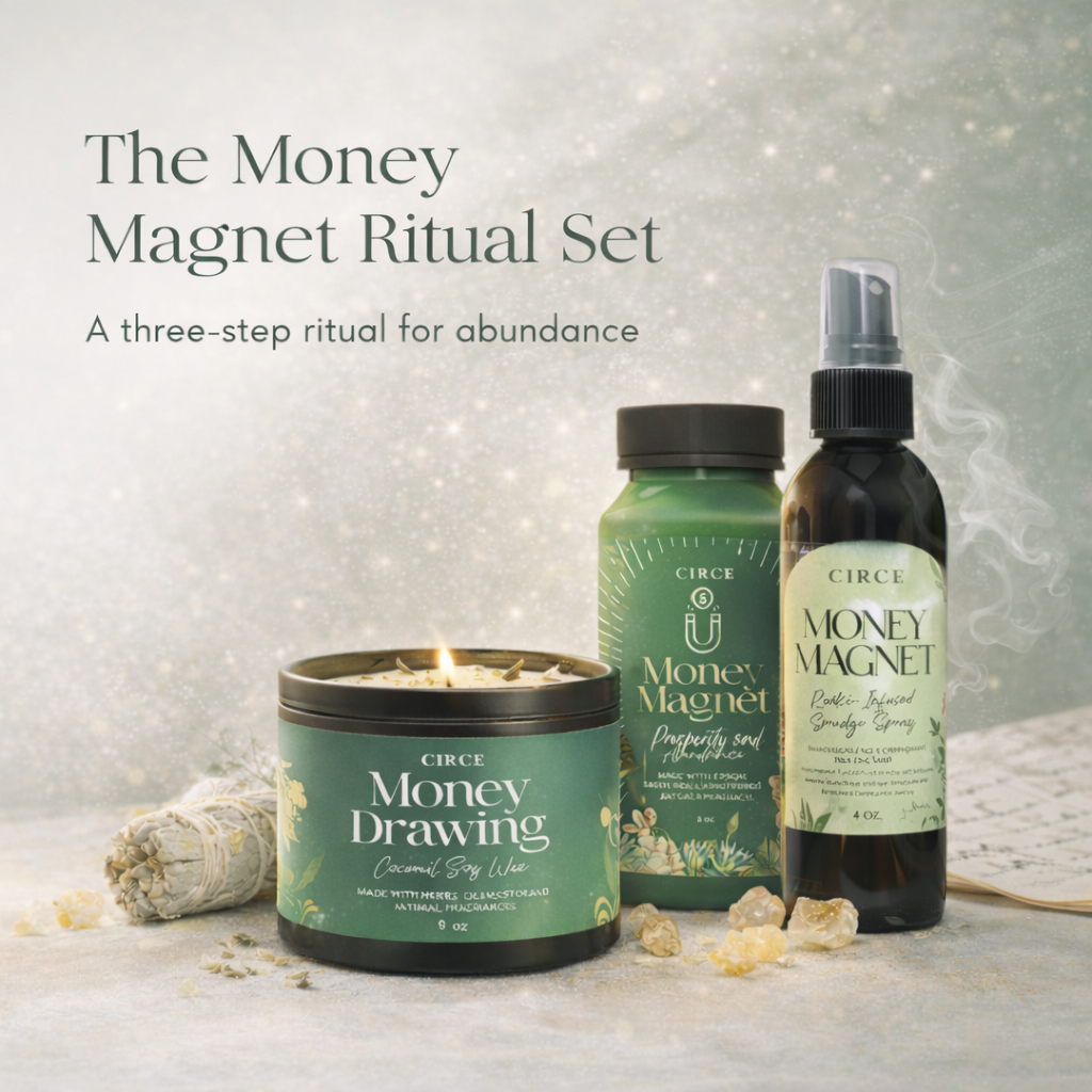 Kit de ritual del imán del dinero – Vela, pulverizador de salvia y baño de prosperidad