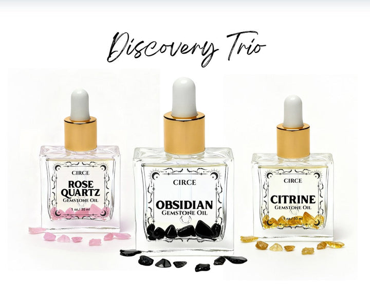 Trío de Aceites Corporales de Cristal – Set de Descubrimiento Cuarzo Rosa, Citrino y Obsidiana