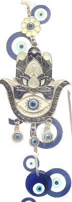 Ojo Turco - Hamsa Blanca con contorno azul y adorno de Ojo Turco y cascabeles / Amuleto 25 cm