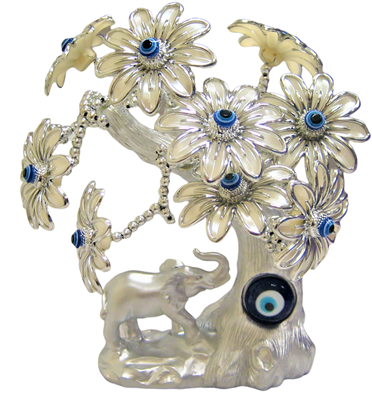 Árbol Bonsái Ojo Turco Color Plata con Elefante y Flores Blancas Modelo D-0001