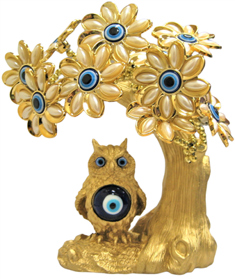 Árbol bonsái del Ojo Turco en color oro con Búho y Flores Blancas Modelo M-13