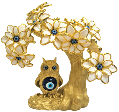 Bonsái Árbol Ojo Turco Dorado con Búho y Flores Blancas Modelo M-09
