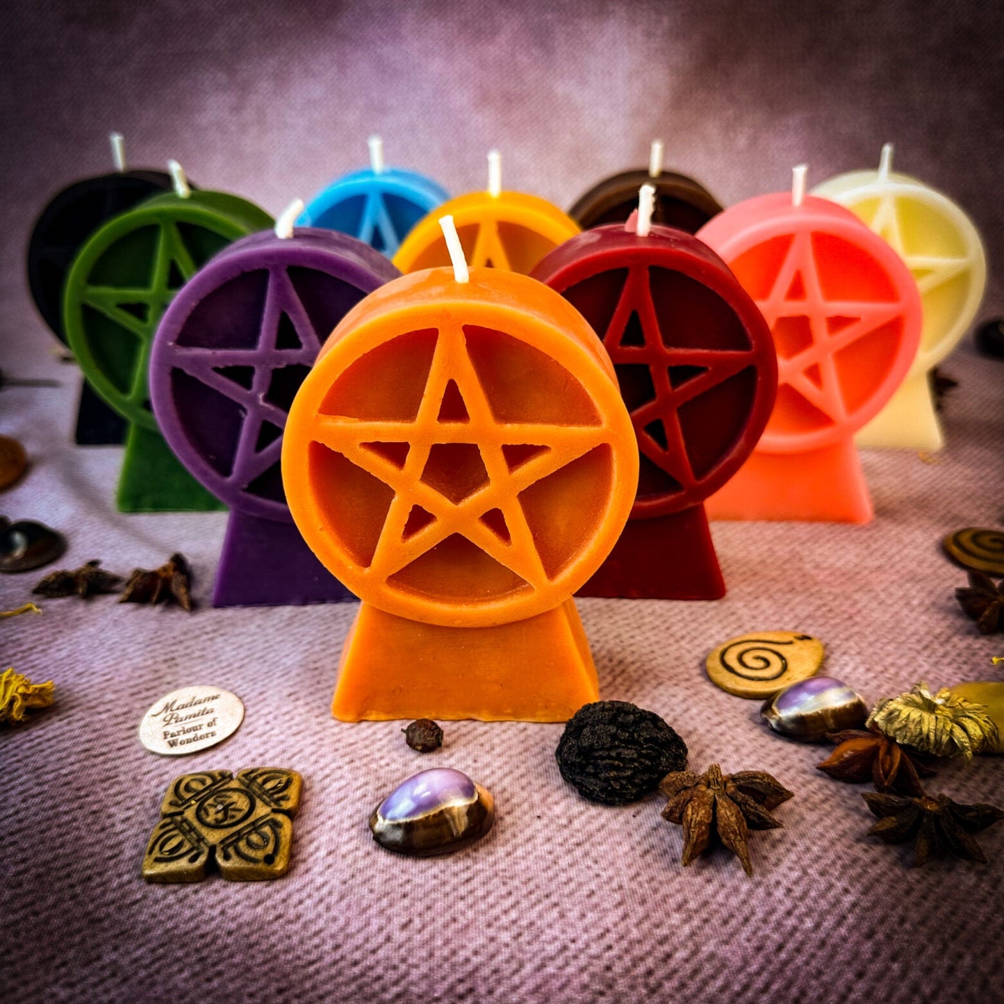 Vela de Hechizo de Protección con Péntaculo de Cera de Abeja - Cinco Elementos y Seguridad Espiritual