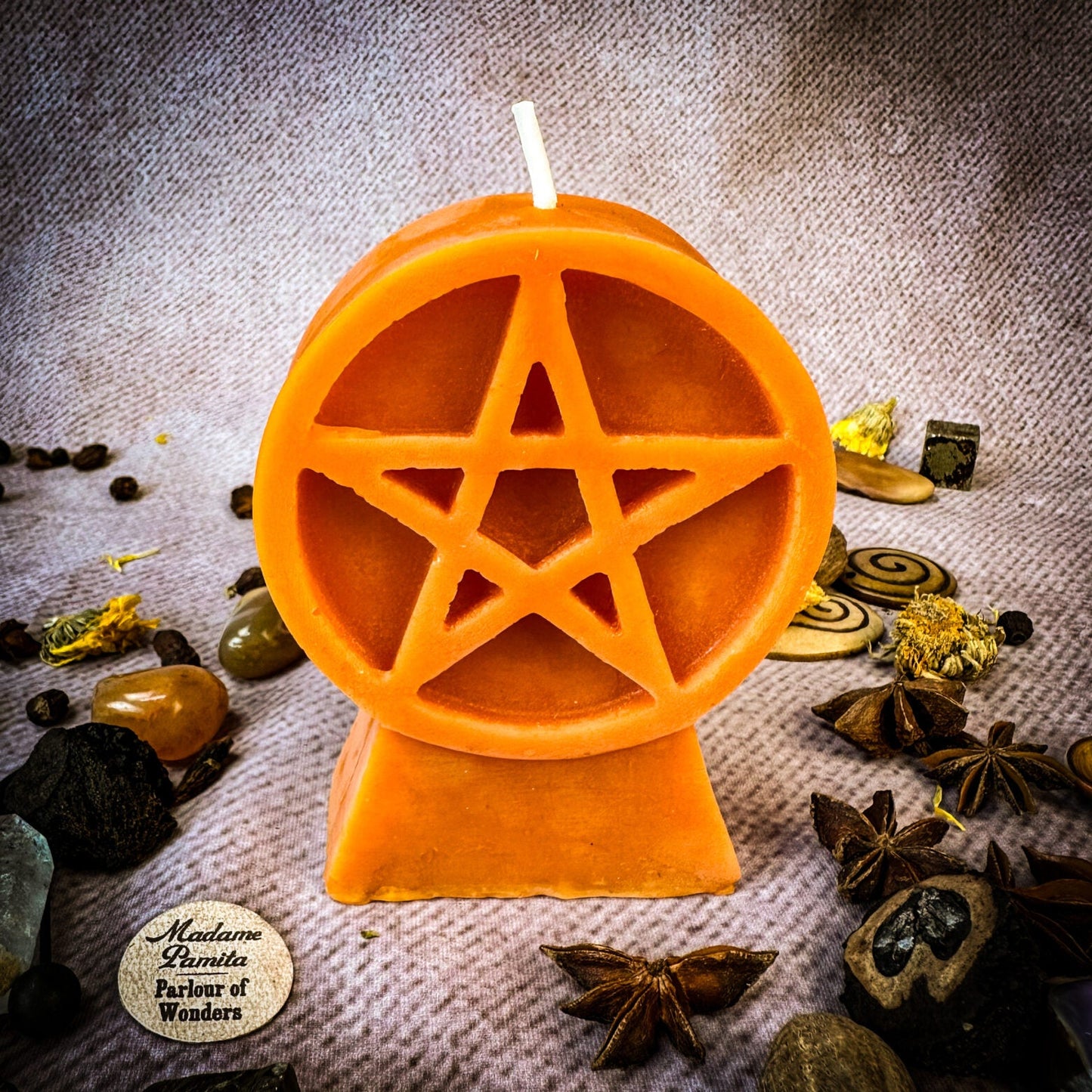 Vela de Hechizo de Protección con Péntaculo de Cera de Abeja - Cinco Elementos y Seguridad Espiritual