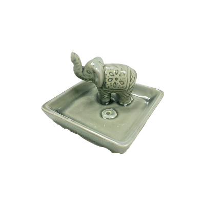 Quemador de aceite de cerámica para velas de té - Elefante sobre plato cuadrado - Gris