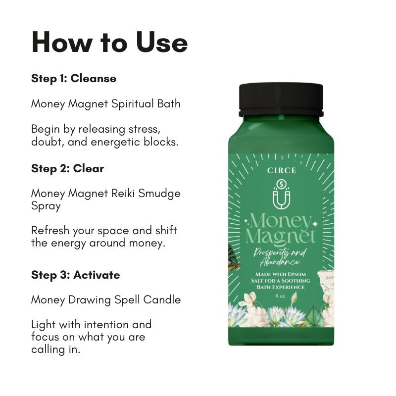 Kit de ritual del imán del dinero – Vela, pulverizador de salvia y baño de prosperidad