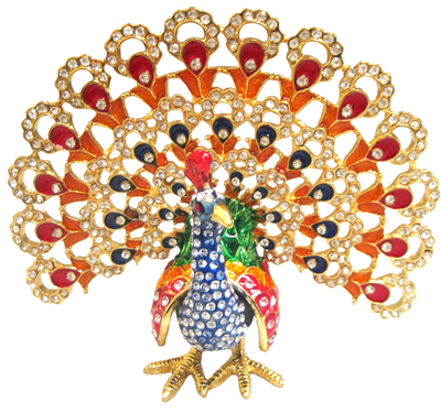 Pavo Real Azul con Plumas Multicolor Abiertas y Erguidas - Caja de Joyas TRNK-5111