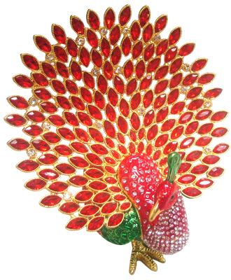 Pavo real rojo con plumas rojas abiertas hacia arriba - Joyero con incrustaciones de joyas - TRNK-5884-Rojo