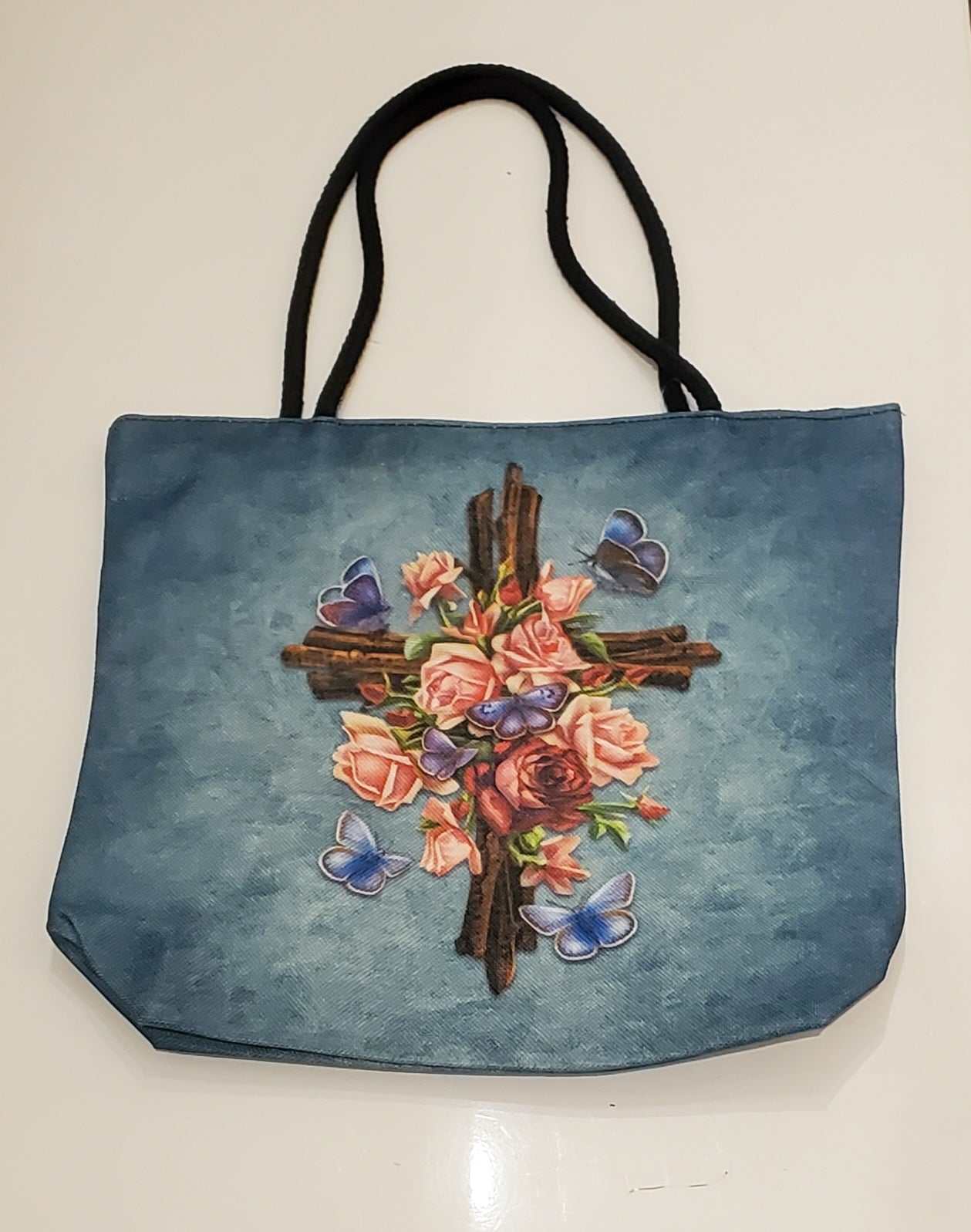 Bolso de tela - Cruz con Rosas y Mariposas
