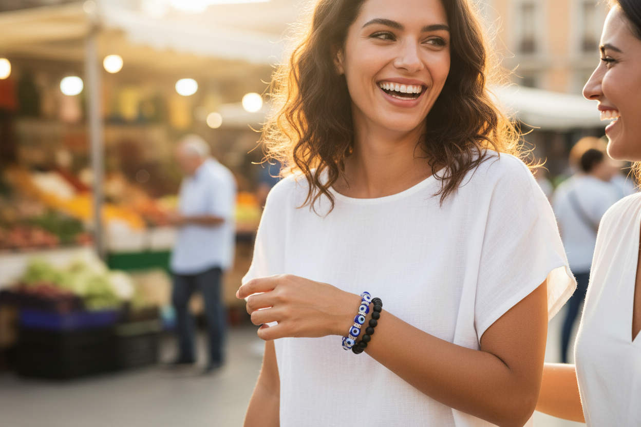 Pulsera de Cuentas Redondas Ojo Turco - Dios te Observa