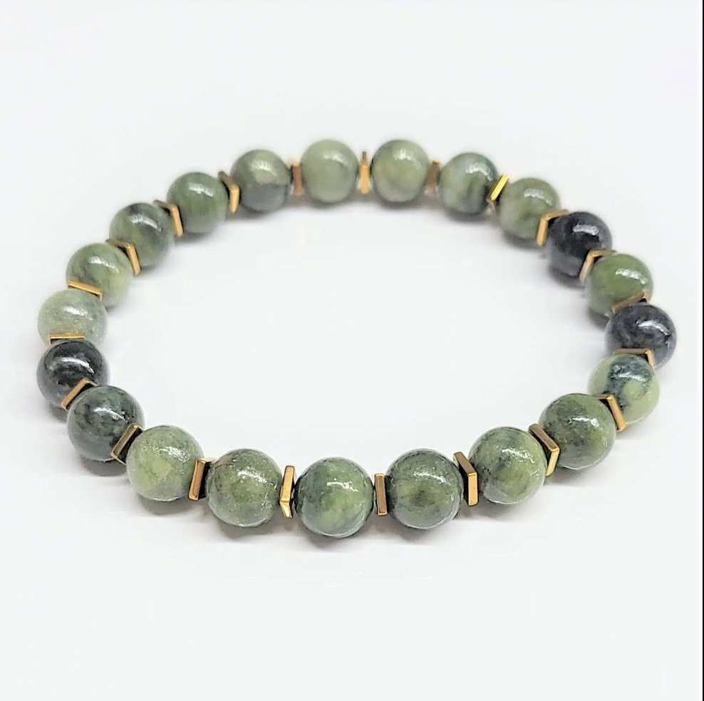 Pulsera de Cuentas Redondas de Jade con Separador Dorado de 8 mm - Abundancia Serena