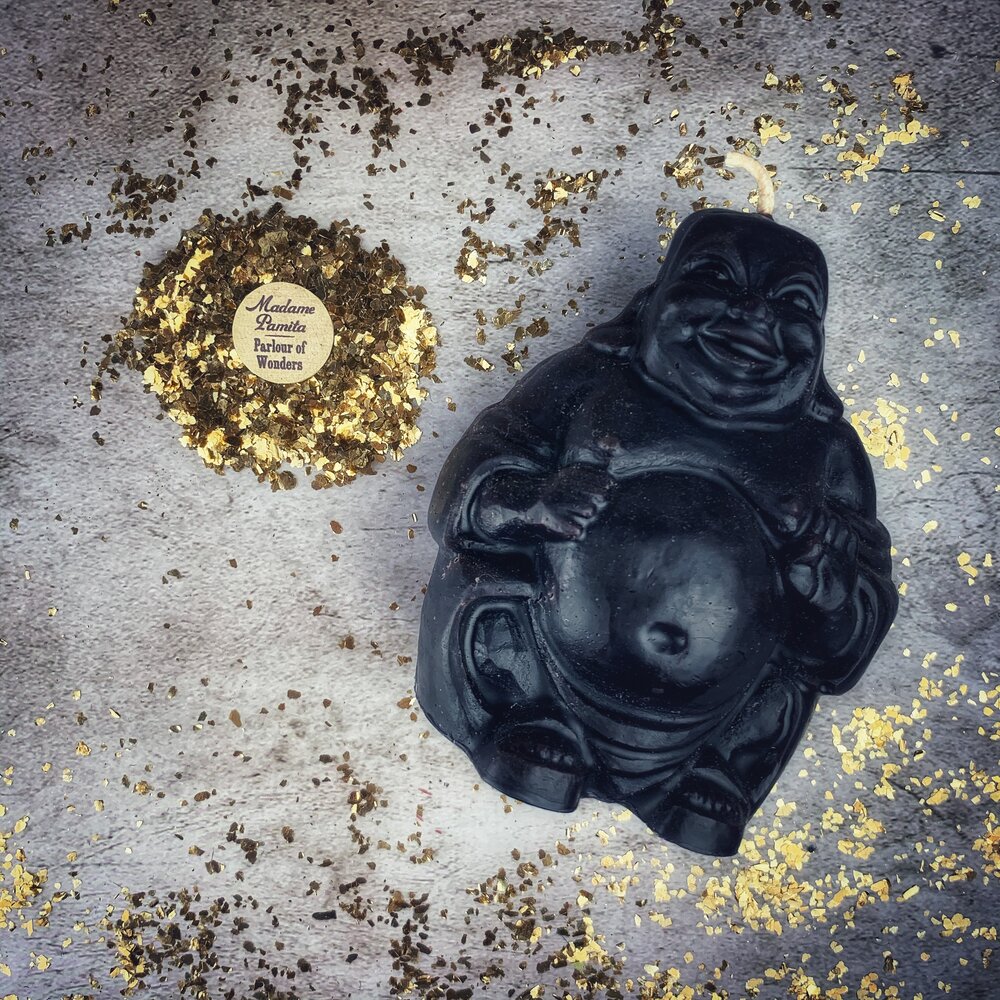 Vela Mágica de Cera de Abeja Buda Sonriente - Magia de Riqueza, Suerte y Prosperidad