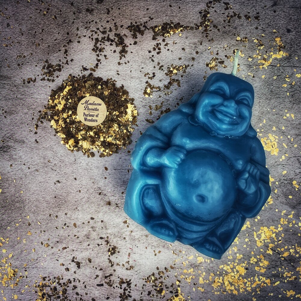 Vela Mágica de Cera de Abeja Buda Sonriente - Magia de Riqueza, Suerte y Prosperidad