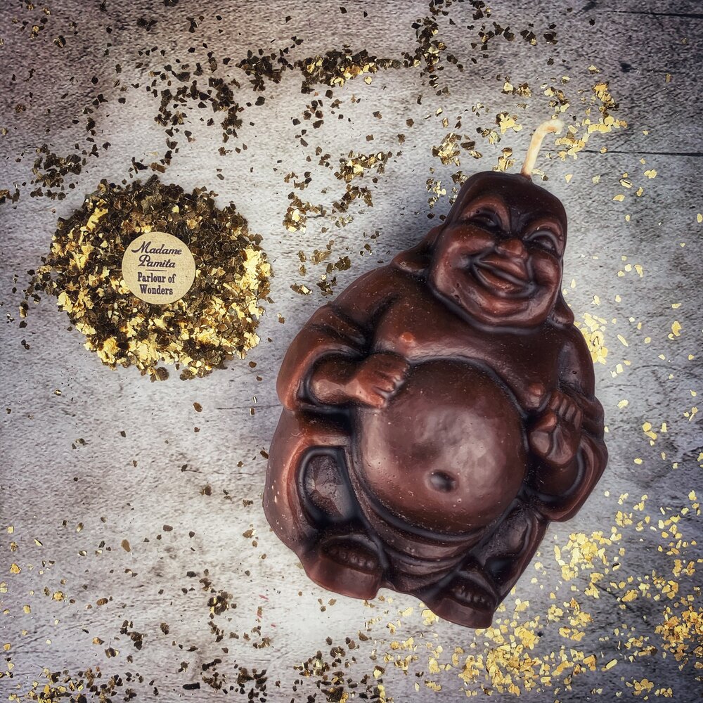 Vela Mágica de Cera de Abeja Buda Sonriente - Magia de Riqueza, Suerte y Prosperidad