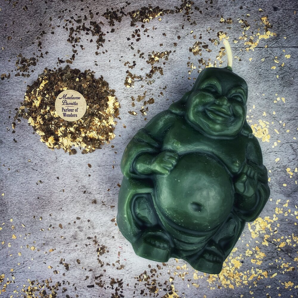 Vela Mágica de Cera de Abeja Buda Sonriente - Magia de Riqueza, Suerte y Prosperidad
