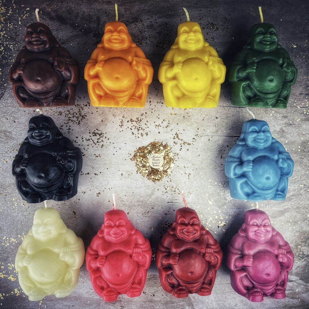 Vela Mágica de Cera de Abeja Buda Sonriente - Magia de Riqueza, Suerte y Prosperidad