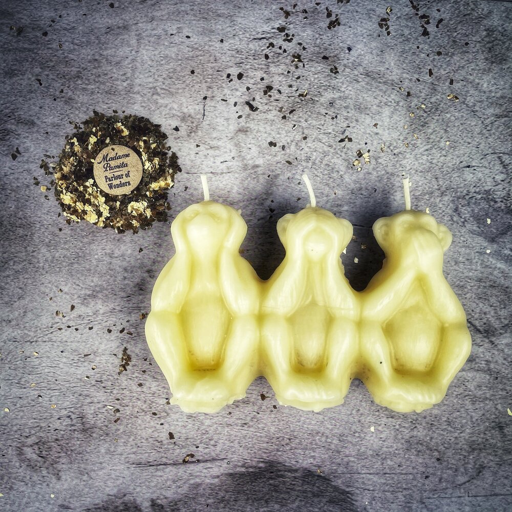 Vela de Hechizo de Cera de Abeja de los Tres Monos Sabios - Detén los Chismes Celosos y Silencia a los Enemigos Magia
