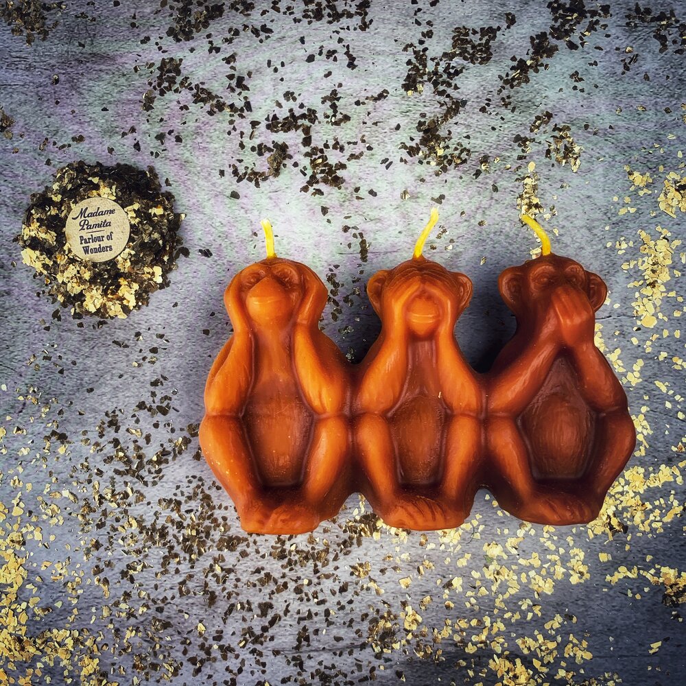 Vela de Hechizo de Cera de Abeja de los Tres Monos Sabios - Detén los Chismes Celosos y Silencia a los Enemigos Magia