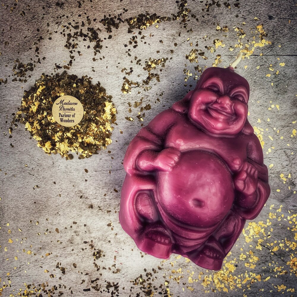Vela Mágica de Cera de Abeja Buda Sonriente - Magia de Riqueza, Suerte y Prosperidad