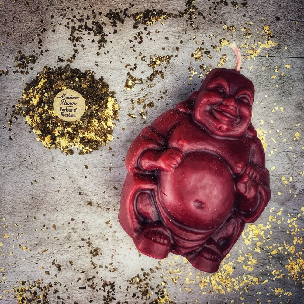 Vela Mágica de Cera de Abeja Buda Sonriente - Magia de Riqueza, Suerte y Prosperidad