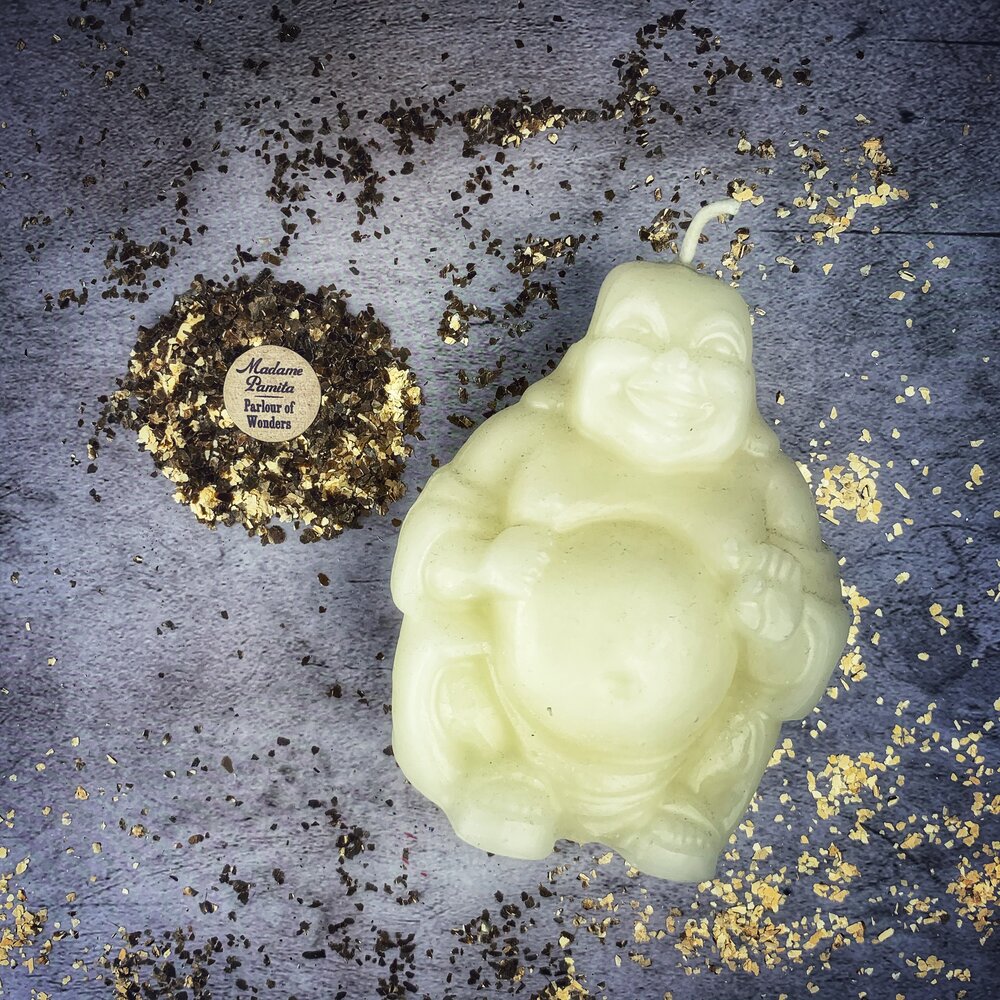 Vela Mágica de Cera de Abeja Buda Sonriente - Magia de Riqueza, Suerte y Prosperidad