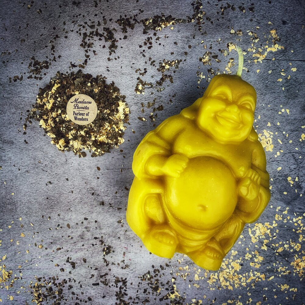 Vela Mágica de Cera de Abeja Buda Sonriente - Magia de Riqueza, Suerte y Prosperidad